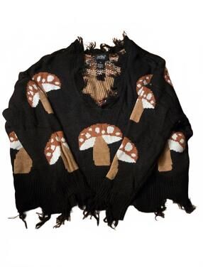 Cottagecore Goblincore Grunge Knit Sweater with Brown and White Mushroom Pattern